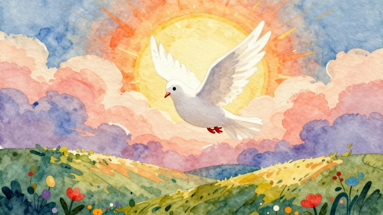 Watercolor-style painting of a white dove flying in front of a radiant yellow sun, above green rolling hills with colorful wildflowers.