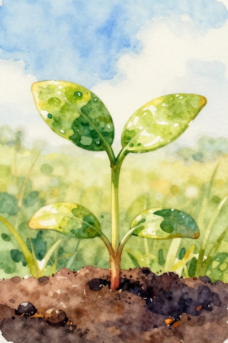 Watercolor of a young green sprout with three broad leaves emerging from soil amid grass under a blue sky.
