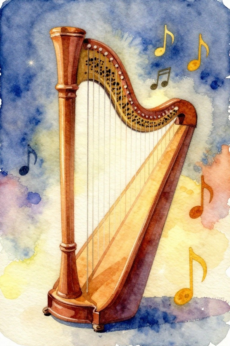Watercolor-style painting of an ornate wooden harp with strings and floating musical notes against a blue background.