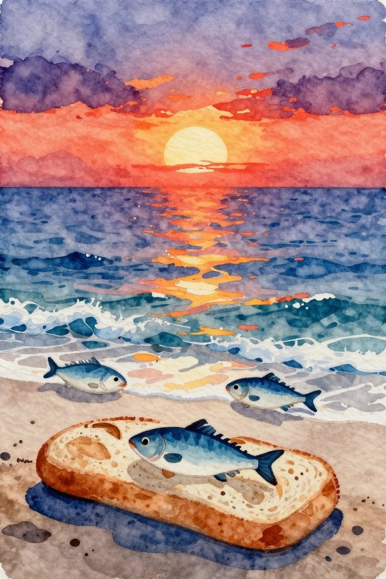 Watercolor-style beach scene at sunset with a slice of bread topped by three fish on the sand and more fish in the waves.