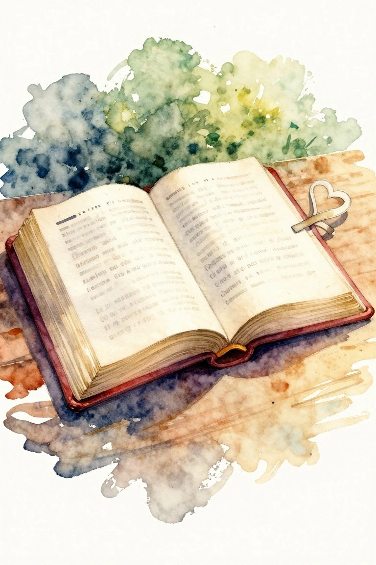 Watercolor-style still life of an open red-bound book with heart bookmark on a wooden table, framed by green foliage.