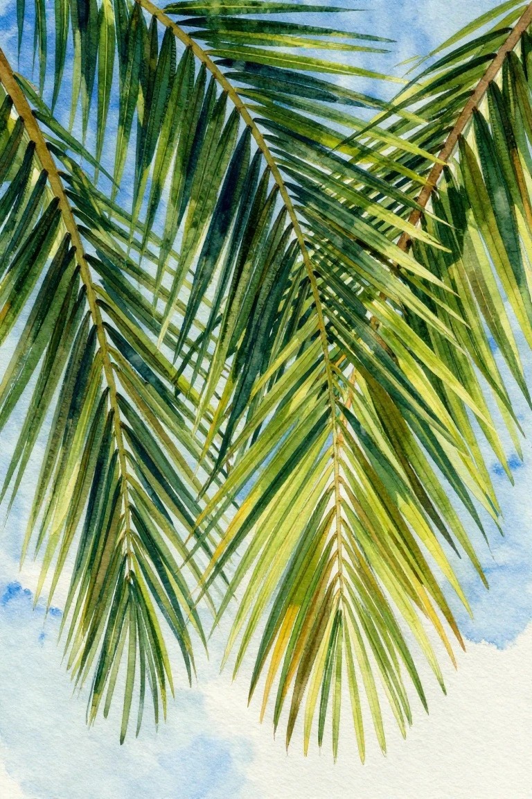 Watercolor painting of overlapping green palm fronds against a blue sky with white clouds.