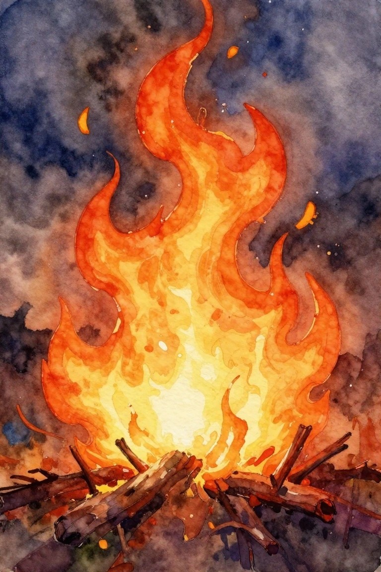 Watercolor illustration of vibrant orange and yellow flames rising from wooden logs against a dark starry night sky.