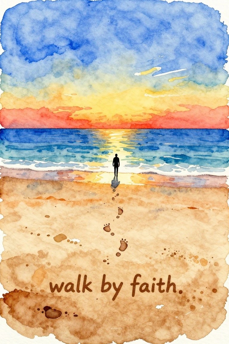 Watercolor-style beach scene with a walking silhouette, footprints in sand, sunset over ocean, and 