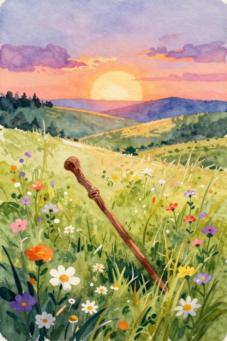 Watercolor landscape of a wooden staff planted in a wildflower meadow with rolling hills, path, trees, and orange sunset sky.