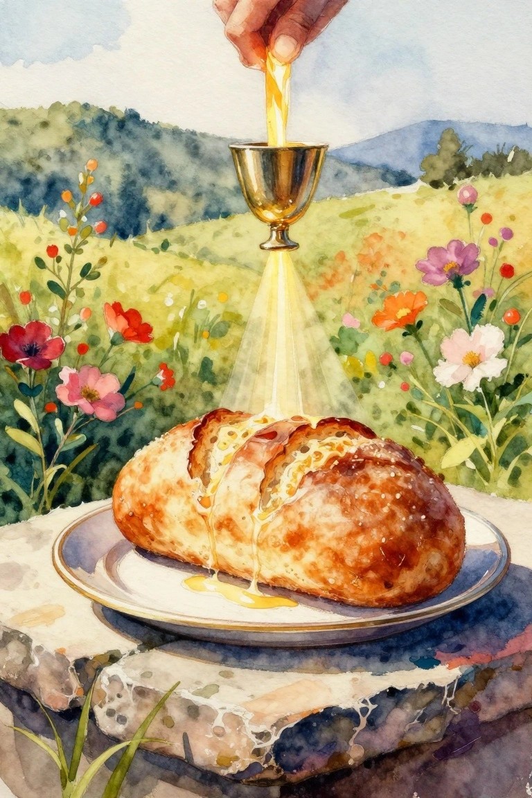 Watercolor of a hand pouring golden honey from a chalice onto a braided bread loaf on a plate, with a light beam, flowers, and green meadow in the background.
