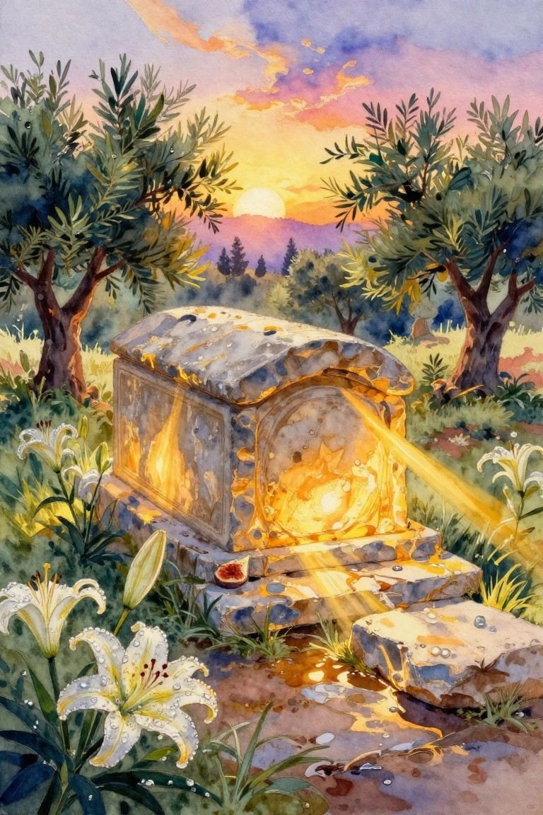 Watercolor of a glowing stone tomb with light rays amid olive trees, white lilies, and a sunset sky.