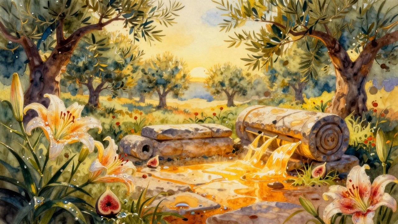 Watercolor of a glowing stone tomb with light rays amid olive trees, white lilies, and a sunset sky.