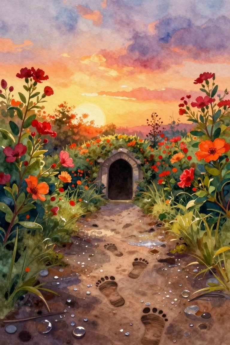 Watercolor-style painting of a dewy path with footprints leading through red and orange flowers to a dark stone arch under a purple-orange sunset sky.