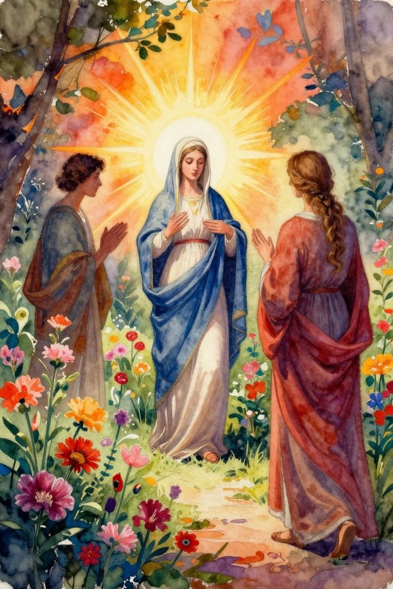 Watercolor painting of Virgin Mary with golden halo centered in a garden, two robed figures praying toward her amid colorful flowers and trees.