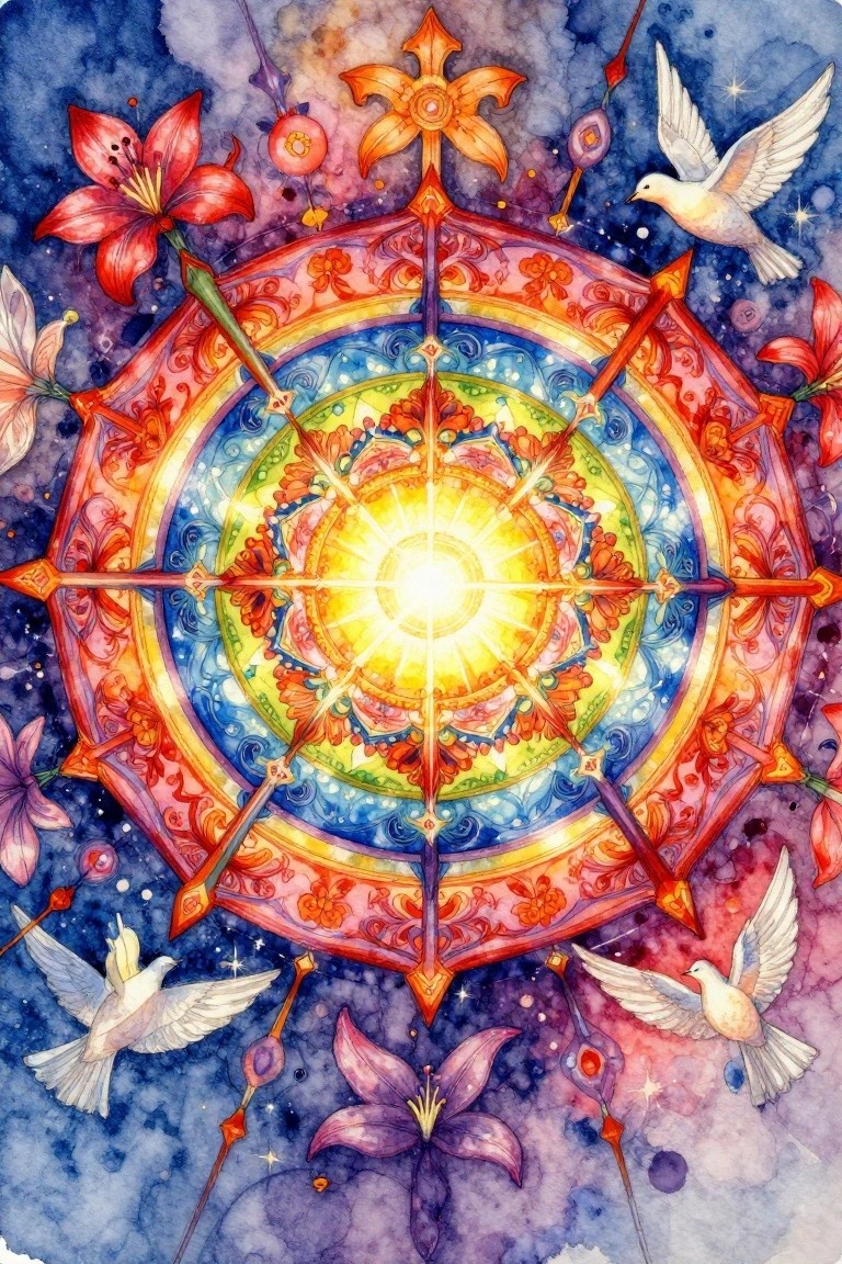 Watercolor-style mandala featuring a central glowing sun, concentric rainbow patterns, lilies, doves, and geometric motifs on a starry blue background.