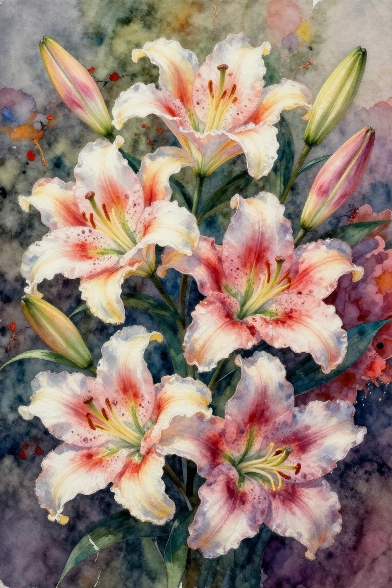 Watercolor painting of white lilies with pink spots and buds clustered on stems against a soft green and purple background.