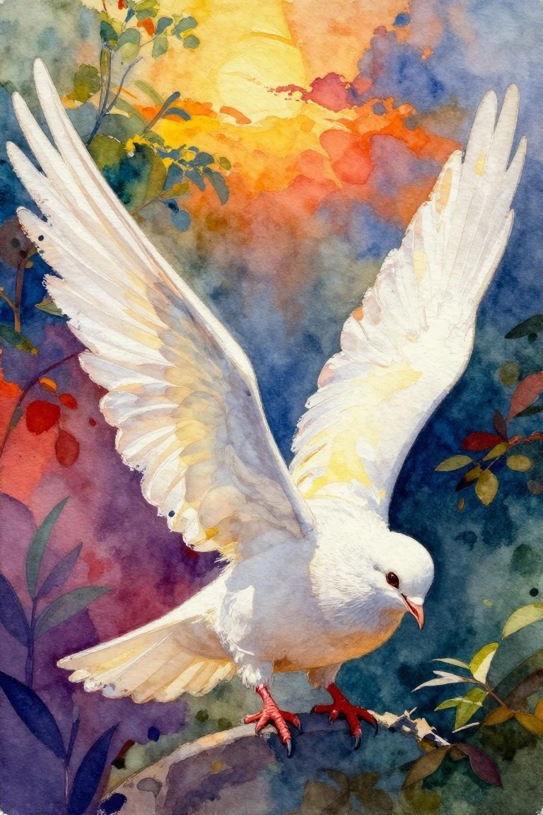 Watercolor painting of a white dove with spread wings perched on a branch with green leaves and red berries against a colorful sunset sky.