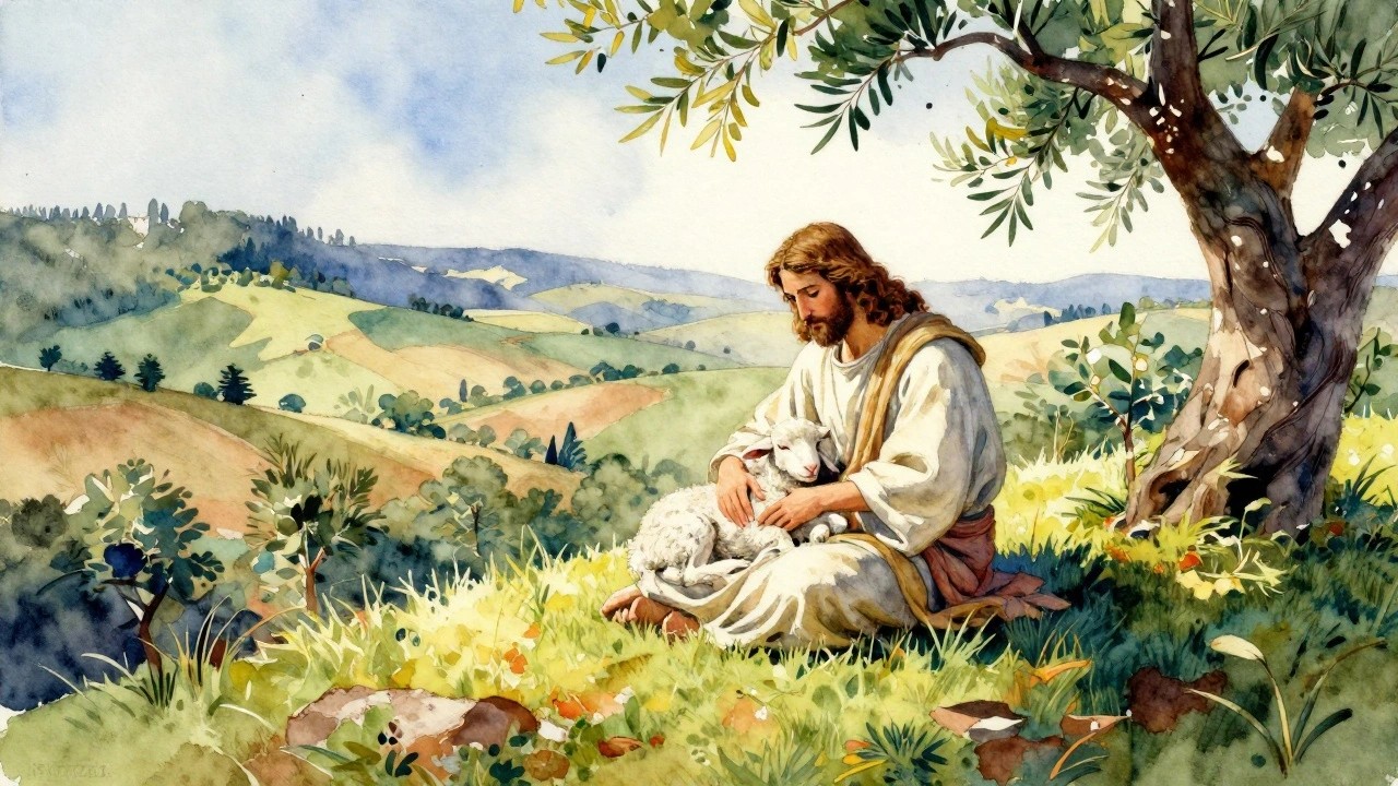 Watercolor of Jesus in robes holding a white lamb on grass amid olive trees, hills, and blue sky.