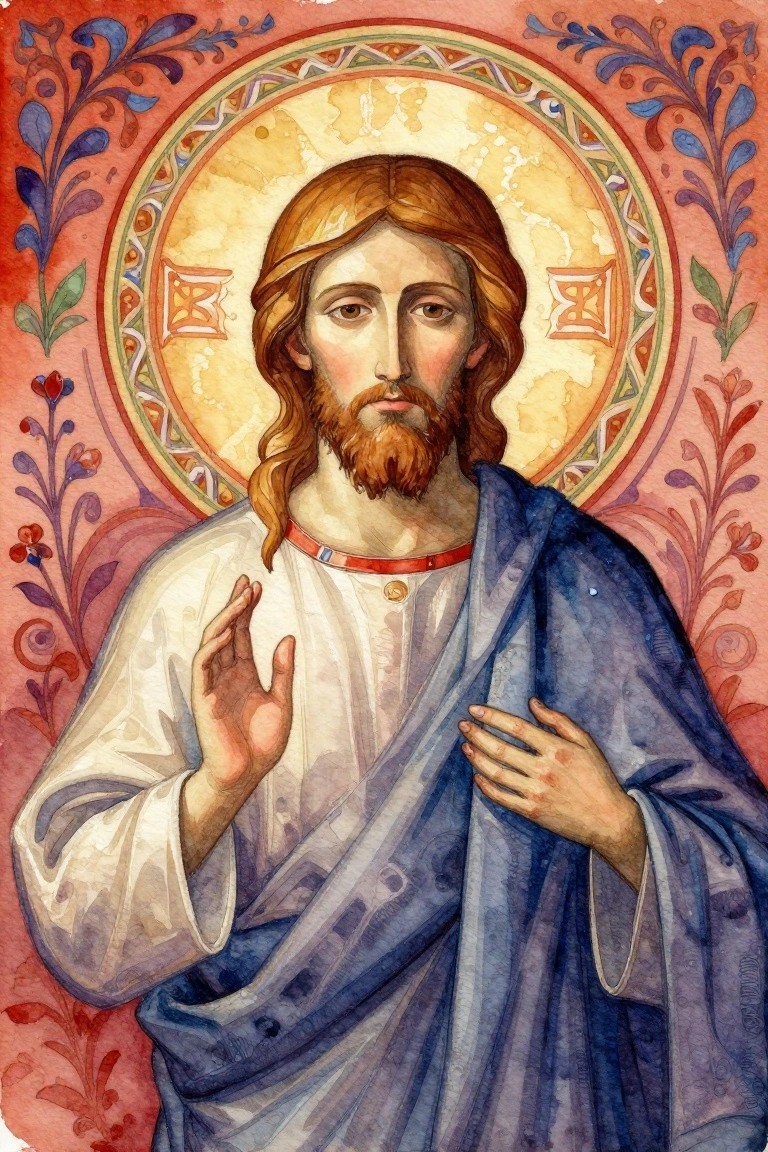 Watercolor-style icon of Jesus Christ with halo, beard, blessing gesture, white tunic, blue robe, and surrounding red floral borders.