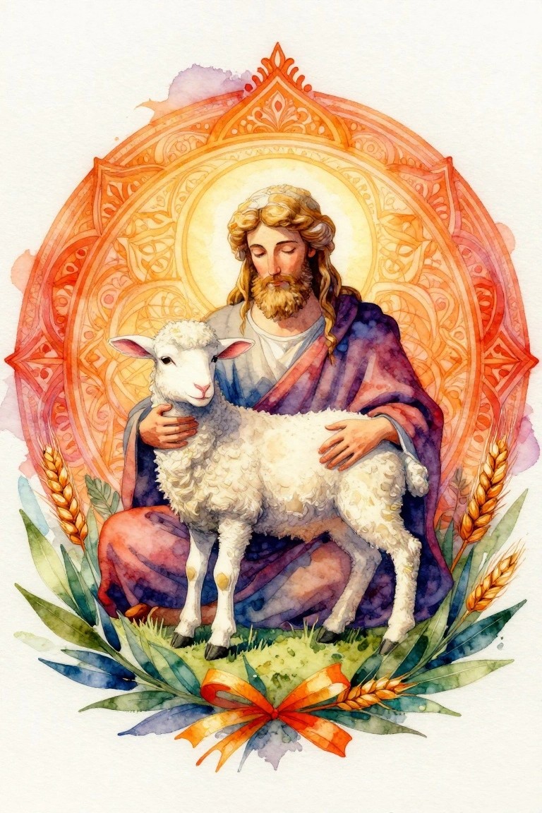 Watercolor-style painting of Jesus holding a white lamb, surrounded by an orange mandala halo and bordered by wheat sheaves and leaves.