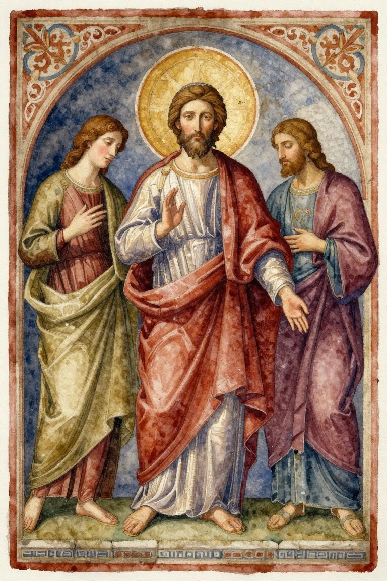 Painting of haloed Jesus in red and white robes centered between Mary in green and red robes and John in purple robes, all barefoot, within an ornate arched frame.