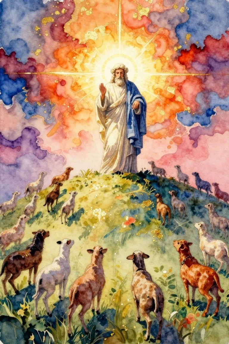 Watercolor of bearded Jesus in robes with halo standing on hill surrounded by sheep under colorful sunset sky.