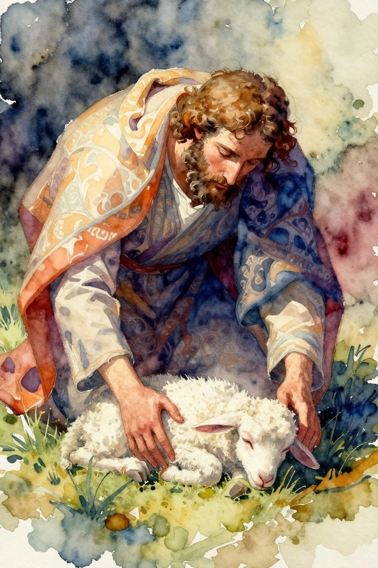 Watercolor painting of Jesus in ornate robes kneeling and petting a white lamb on grass with a dark sky background.