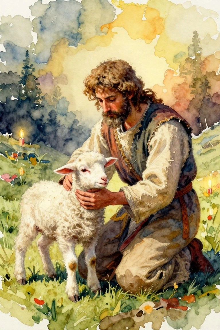 Watercolor of Jesus as the Good Shepherd kneeling in a meadow, holding a white lamb to his chest, with pine trees, flowers, and soft glowing light in the background.