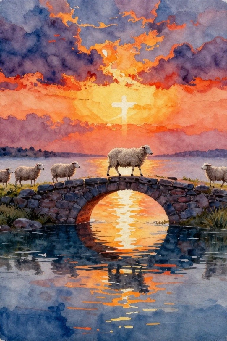 Watercolor painting of white sheep crossing a stone arch bridge over reflective water at sunset with a glowing cross in the orange sky and purple clouds.
