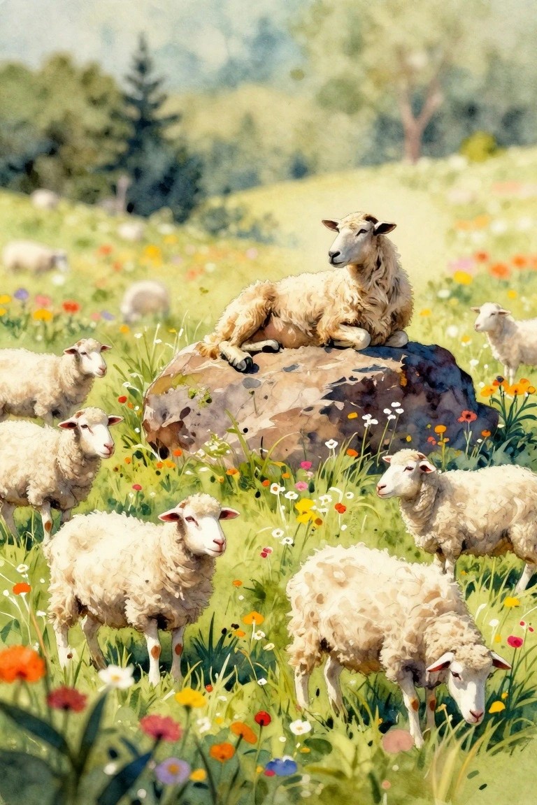 White sheep graze in a green wildflower meadow under distant trees, one sheep lounging atop a gray boulder.