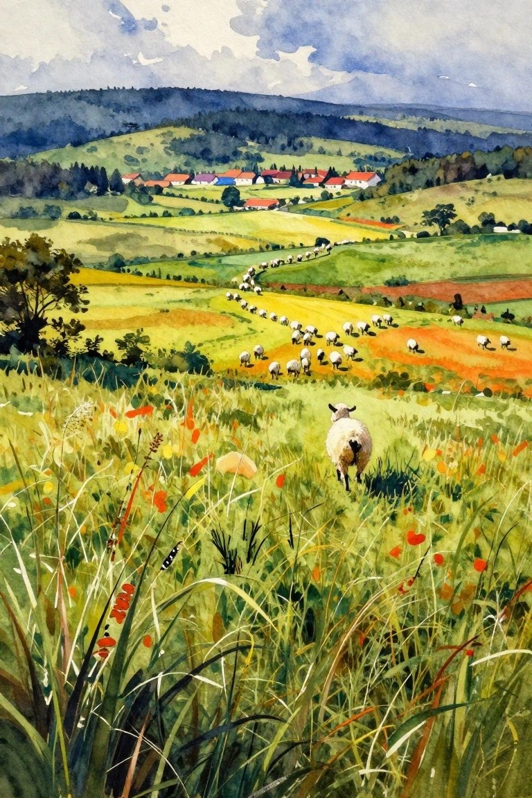 Watercolor painting of a sheep in foreground grasses facing fields with sheep, hay bales, and a red-roofed village on hills under clouds.