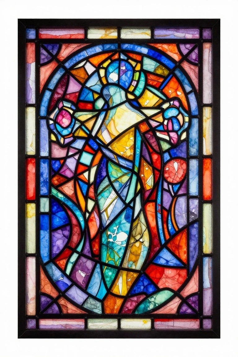Framed abstract painting in stained glass style depicting a radiant Crucifixion figure with multicolored geometric shapes.