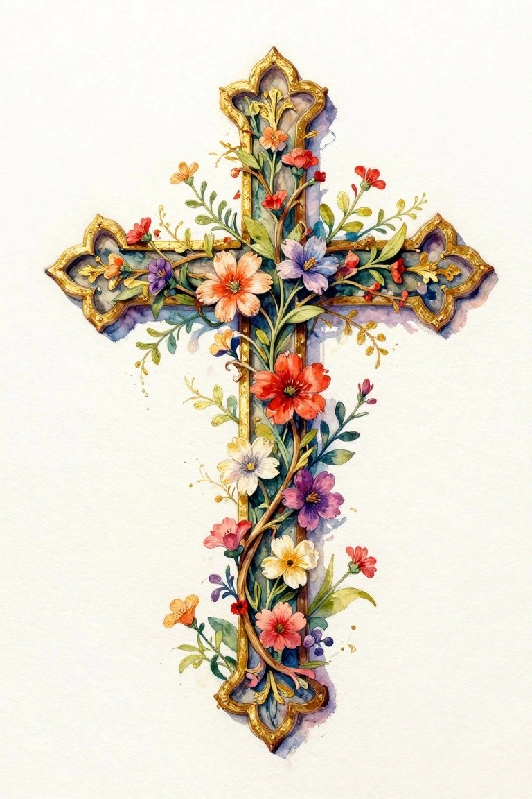 Watercolor painting of a golden ornate cross entwined with colorful flowers and vines on a white background.