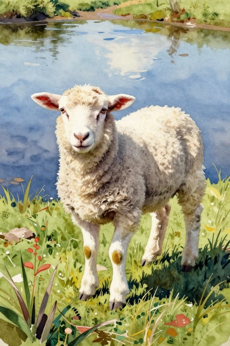 A detailed watercolor-style painting of a fluffy white sheep standing in green grass beside a reflective blue pond with surrounding vegetation.