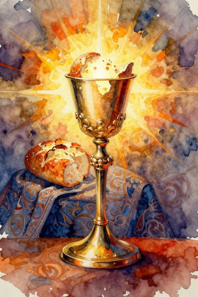 Watercolor still life of a golden ornate chalice with host and radiating golden light next to a broken loaf of bread on blue patterned cloth.