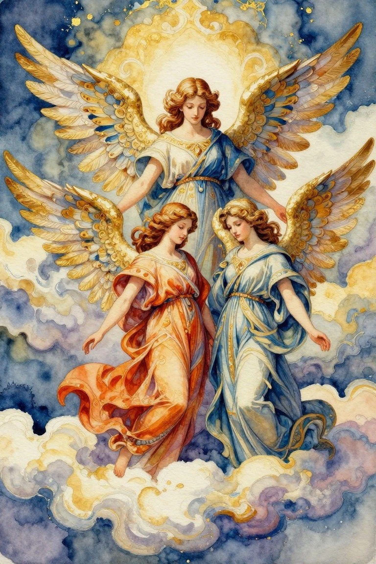 Watercolor painting of three female angels with large golden wings and flowing robes in white, blue, and orange amid clouds and radiant golden light.