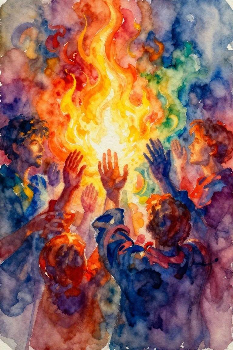 Watercolor artwork of diverse figures raising hands toward a vibrant central flame surrounded by colorful abstract backgrounds.