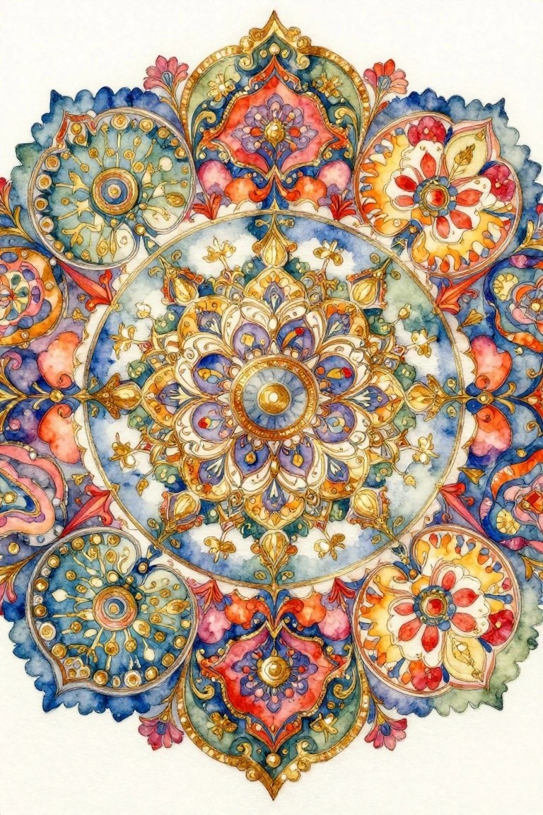 Detailed symmetrical mandala design in watercolor style with blue, purple, gold, red, and green floral and geometric patterns.