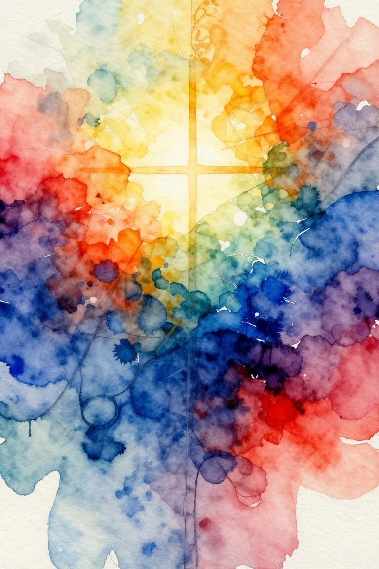 Abstract watercolor of a bright yellow cross radiating blended splashes of orange, red, purple, and blue light on white paper.