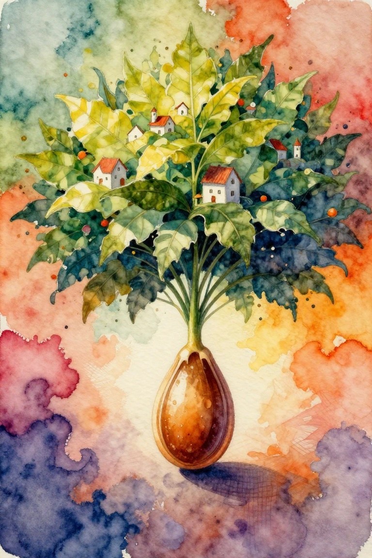 Watercolor of a potted eggplant plant with large colorful leaves containing tiny white and red-roofed houses on a splashed background.