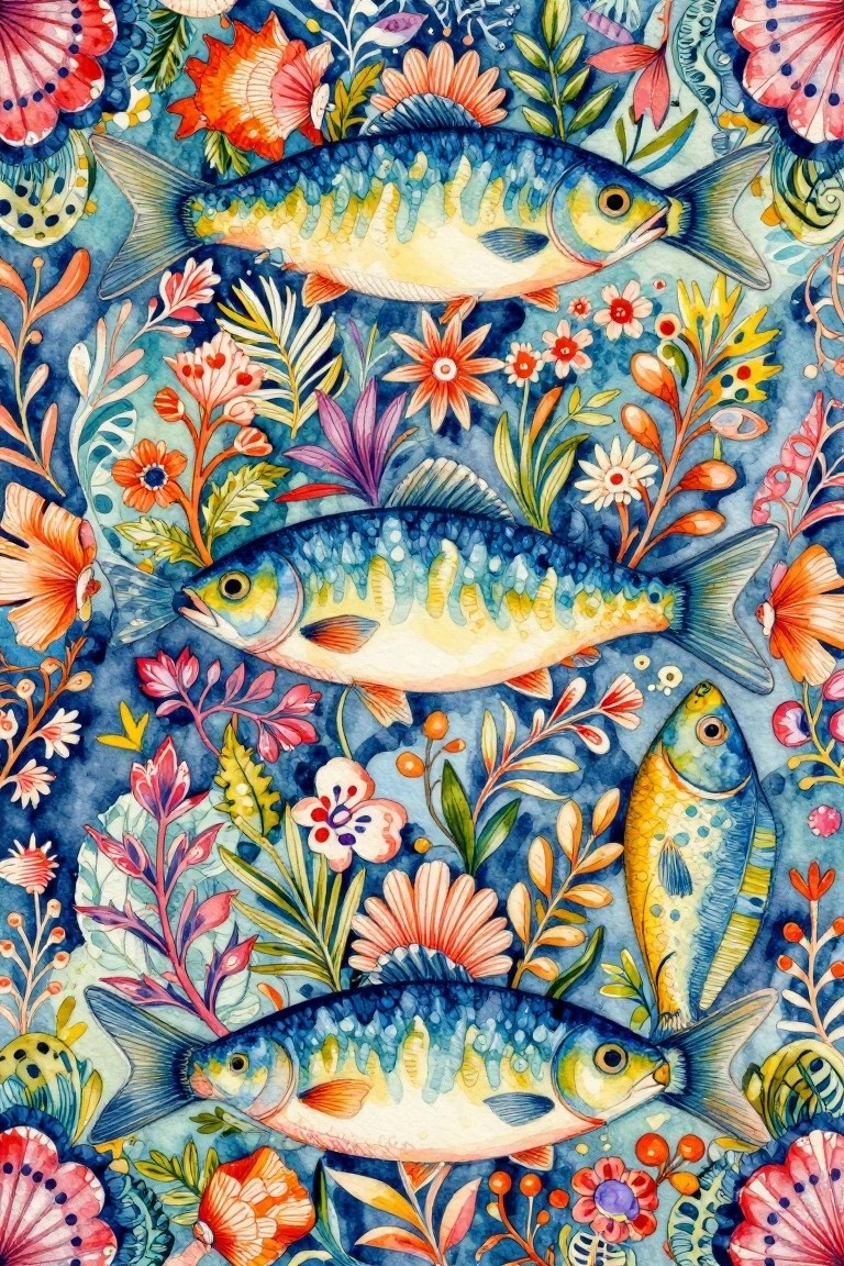 Vertical watercolor of four blue-yellow perch fish interwoven with orange-pink flowers, green leaves, and seashells.