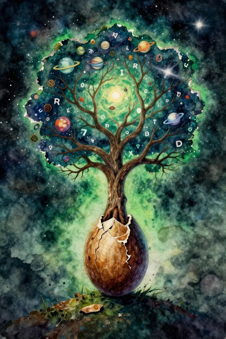 Watercolor painting of a tree with alphabet letters on branches holding planets and stars, growing from a cracked egg against a cosmic background.