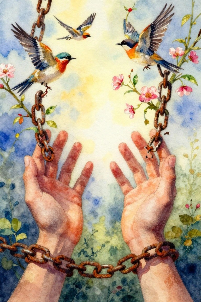 Watercolor of hands gripping chains overgrown with flowers and vines, colorful birds flying from the links against a glowing background.