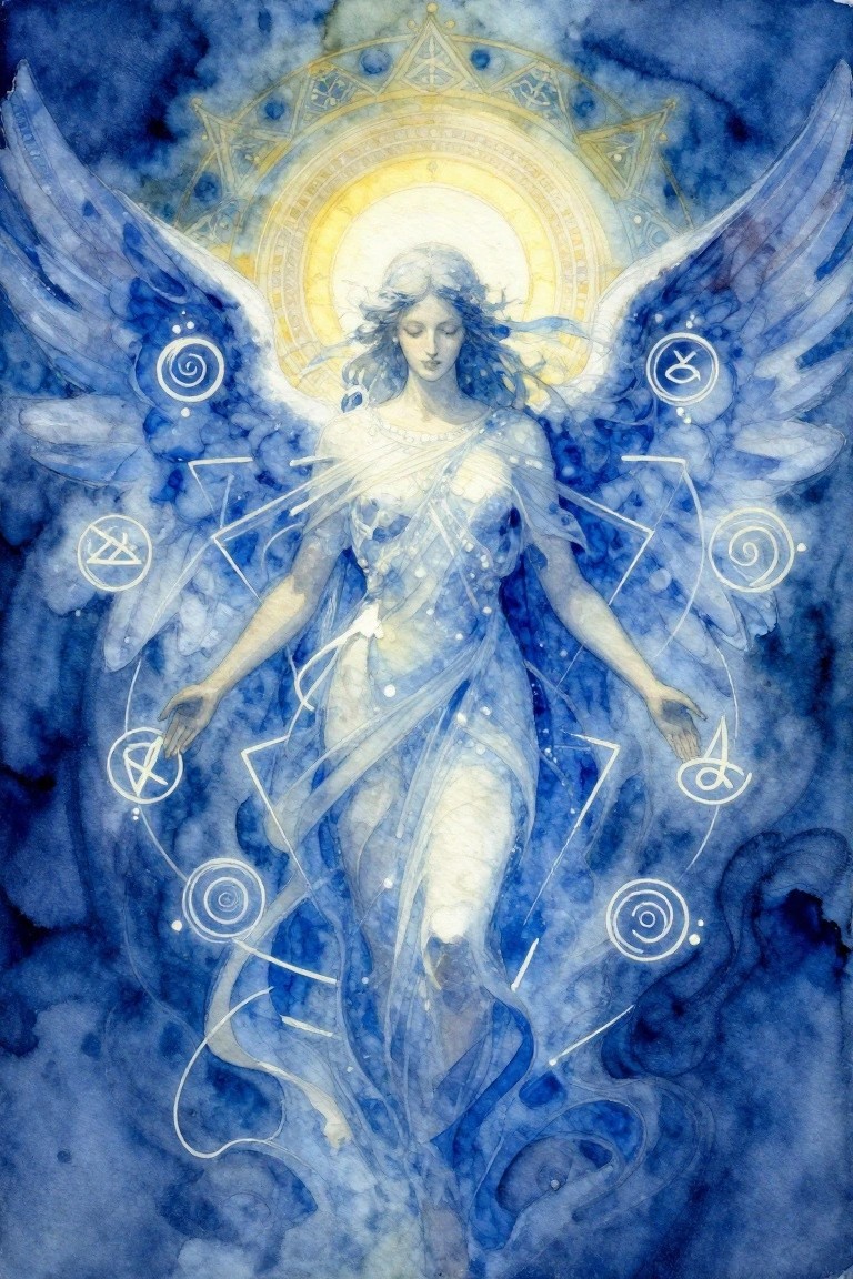 Watercolor of a winged female angel in white drapery with blue wings, golden halo, and surrounding white spirals and runes on blue background.