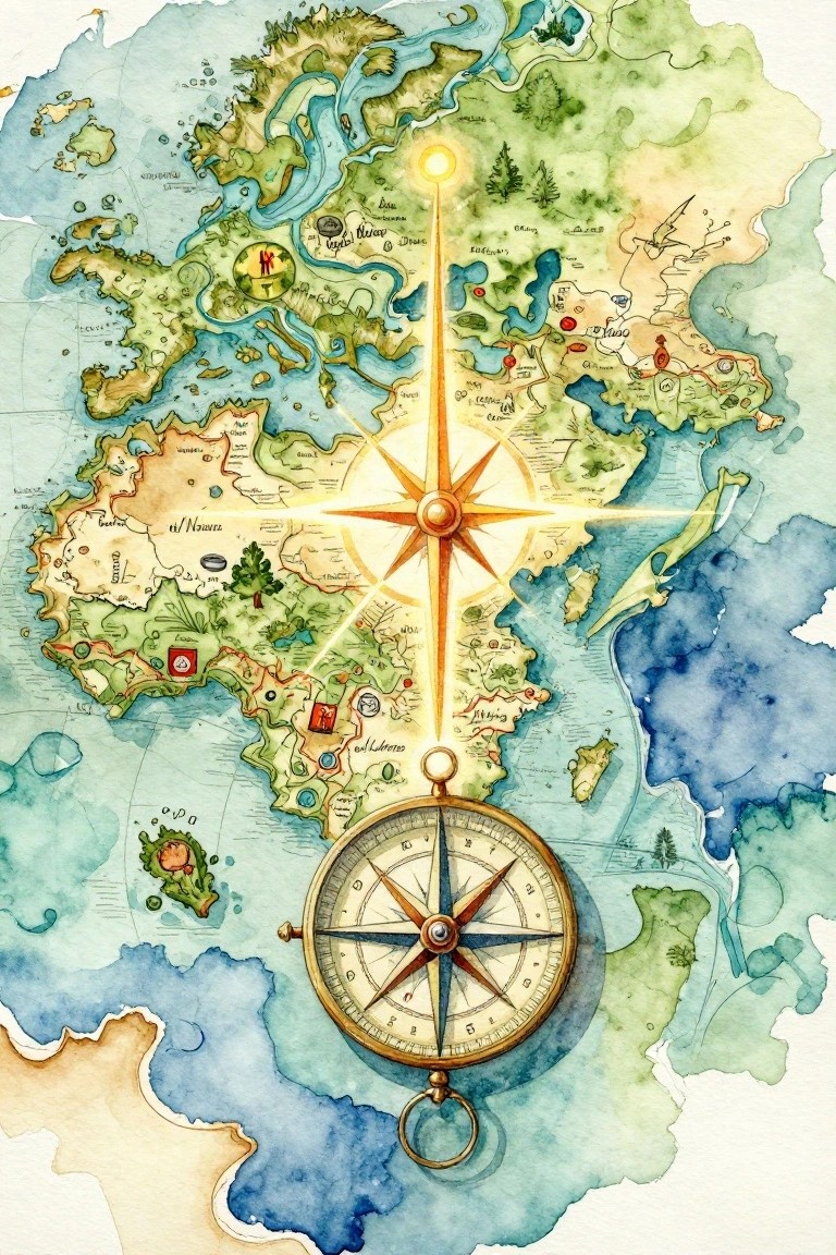 Watercolor fantasy map of green continents, blue seas, and islands centered under a large glowing golden compass rose.