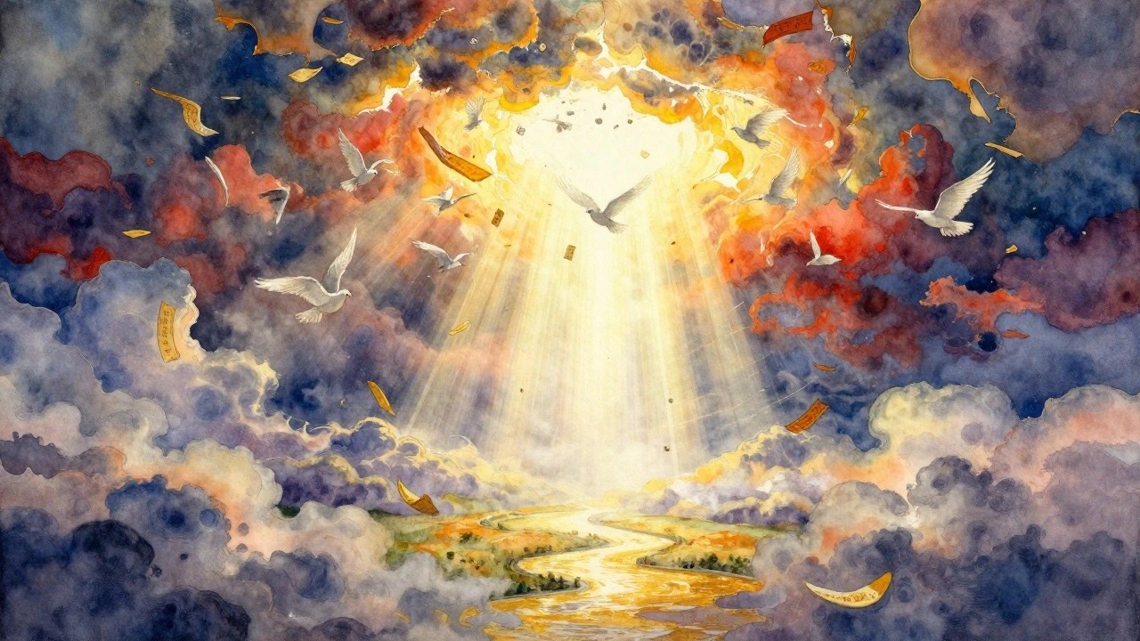 Watercolor of golden rays and white doves with scrolls breaking from red-orange stormy clouds over a green valley river landscape.