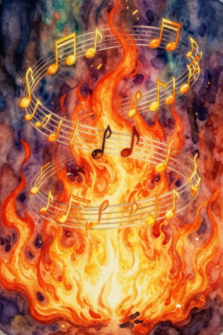 Watercolor of golden musical notes swirling in rings around and amid orange-yellow flames on a dark purple background.