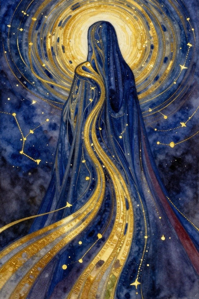 Hooded blue-robed figure with arms outstretched, flowing into golden streams, centered in a golden halo amid starry blue background with constellation outlines.