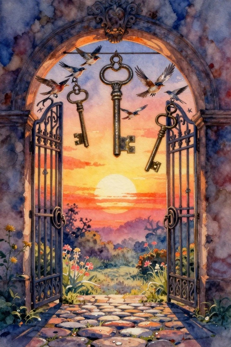 Watercolor-style painting of three large golden keys hanging above an open ornate iron gate with birds flying nearby, leading to a sunset path through a garden.