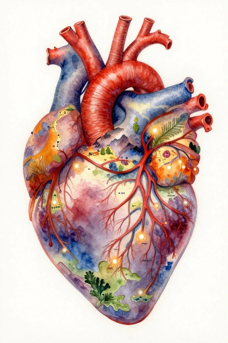 Watercolor of an anatomical human heart containing a landscape with mountains, trees, paths, glowing spots, and labels like RV, LA, pulmonary artery.