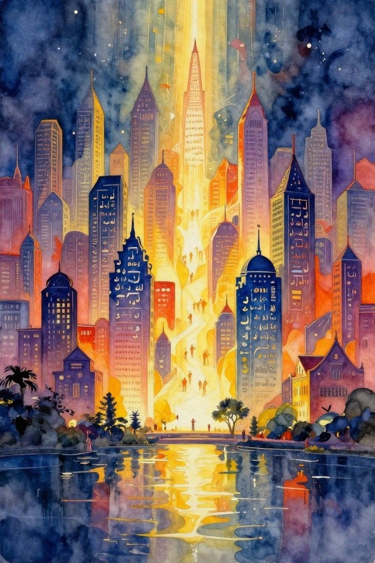 Watercolor cityscape at night with a tall golden light beam rising centrally amid colorful buildings, reflected in foreground water under starry sky.