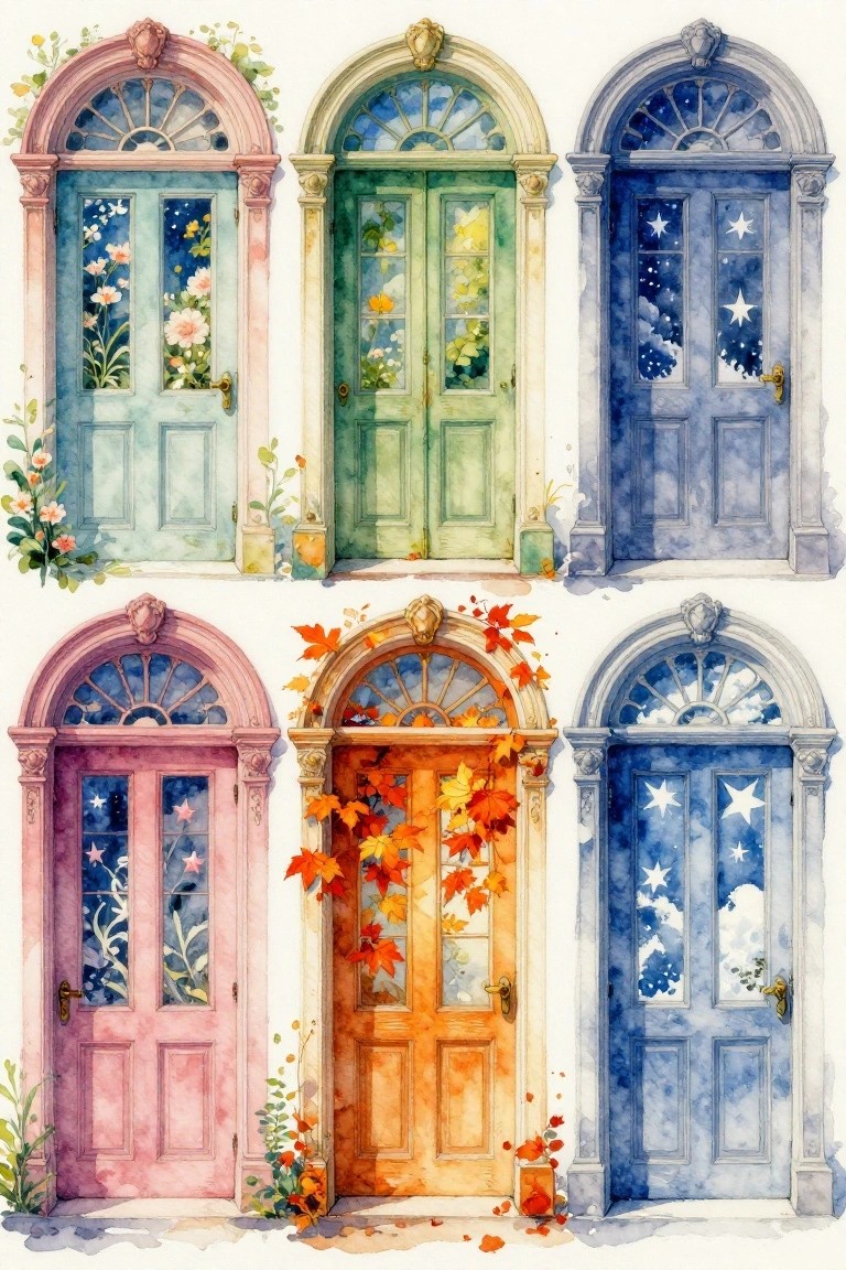 Six watercolor-style arched doors in teal, green, navy, pink, orange, and blue, with seasonal window scenes of flowers, sun, stars, leaves, and clouds, arranged in two rows of three.