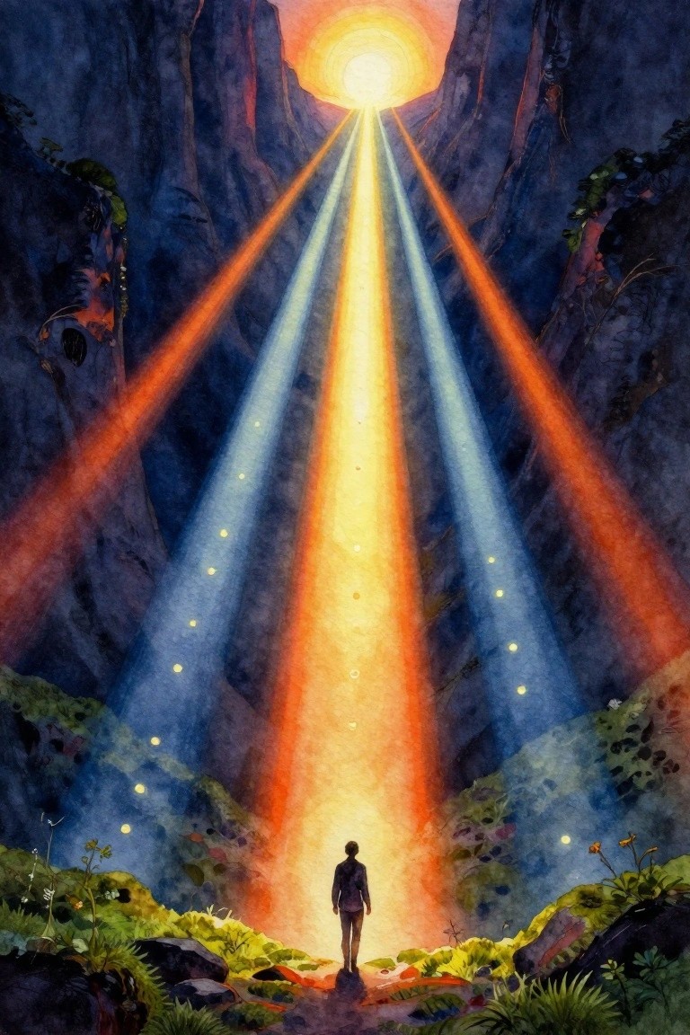 A silhouetted person faces converging colorful light rays from a bright sun at the end of a dark canyon with plants and rocks in the foreground.