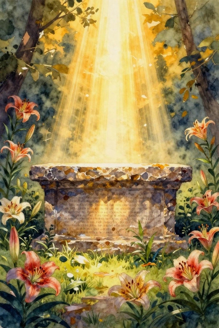 Watercolor of a mossy stone pedestal with ancient script centered under golden sunbeams in a forest, encircled by white, pink, and orange lilies.